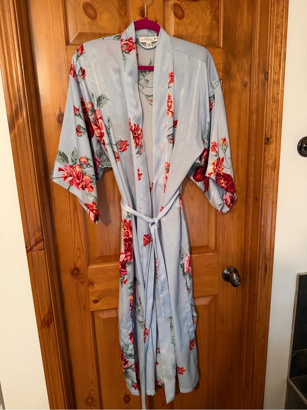 Floral Satin Kimono Robe - Light Blue with Red Floral